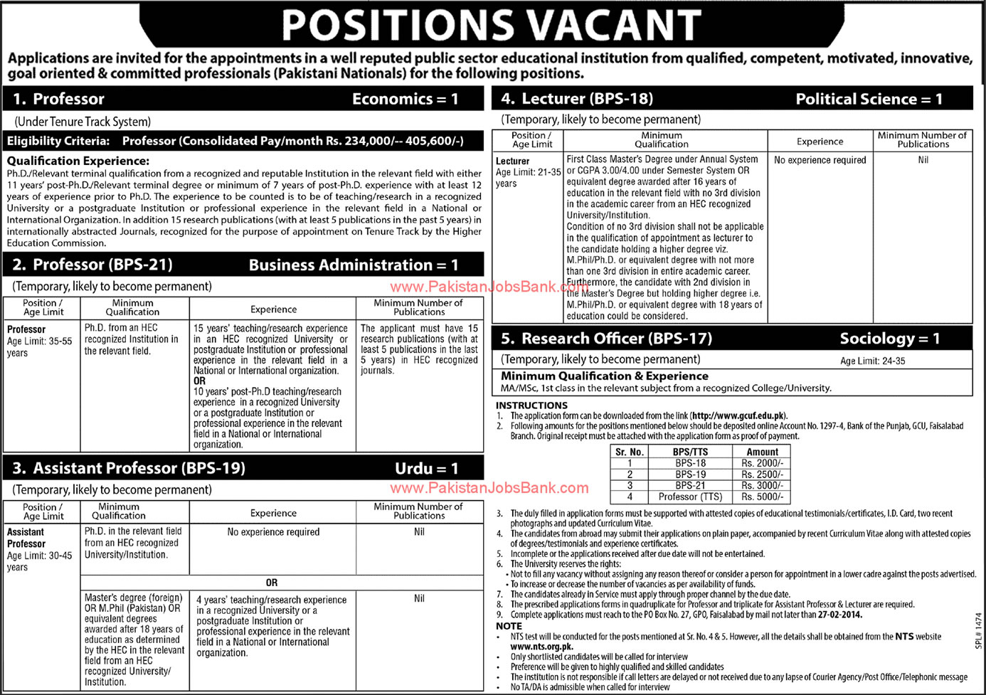 Government College University Faisalabad Jobs 2014 February for Teaching Faculty