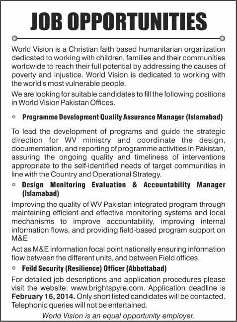 World Vision Pakistan Jobs 2014 February Latest for Managers & Field Security Officer