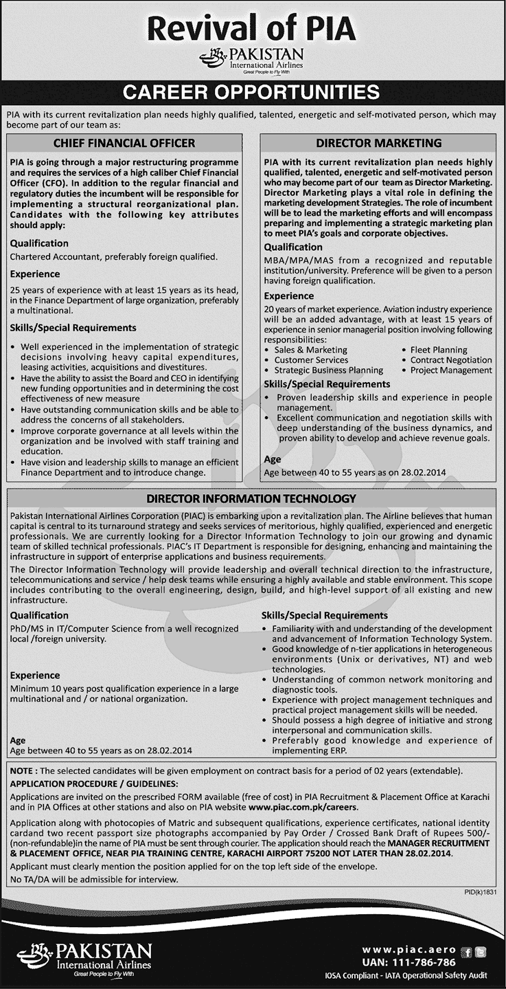 PIA Jobs 2014 February for Chief Financial Officer, Director Marketing & Information Technology