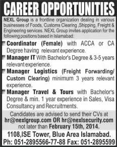 NEXL Group Islamabad Jobs 2014 February for Coordinator, Manager IT, Logistics and Travel & Tour
