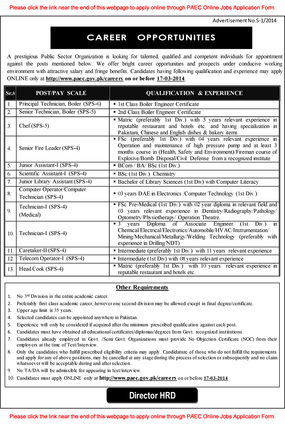 www.PAEC.gov.pk careers Jobs Online Application Form 2014 February