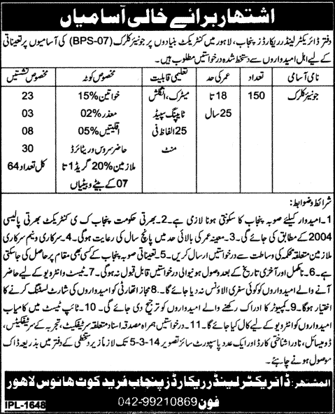 Junior Clerk Jobs in Land Records Punjab 2014 February Latest