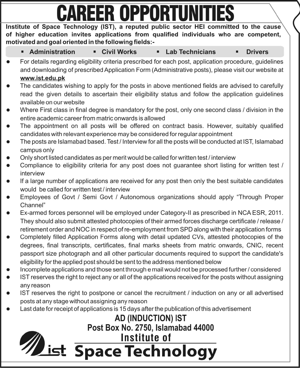 Institute of Space Technology (IST) Jobs 2014 February Latest