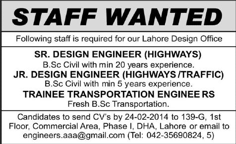Civil Engineers & Trainee Transportation Engineer Jobs in Lahore 2014 Februry