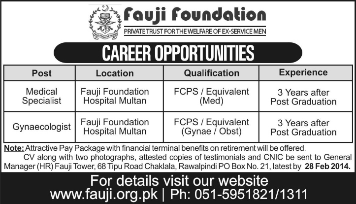 Fauji Foundation Hospital Multan Jobs 2014 February for Medical Specialist & Gynaecologist