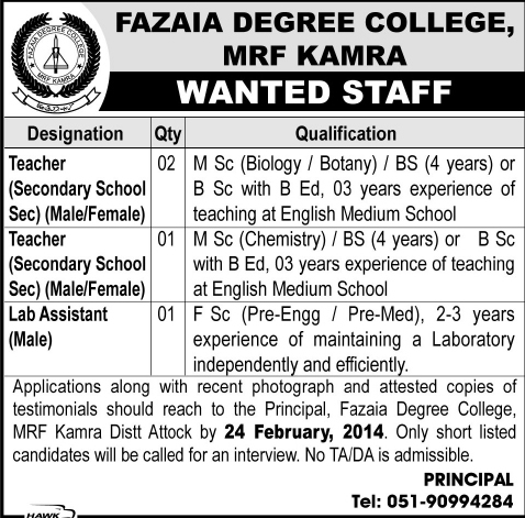 Fazaia Degree College MRF Kamra Jobs 2014 February for Teachers & Lab Assistant