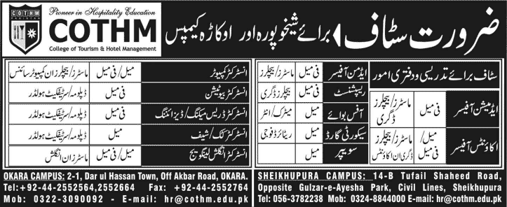 COTHM Sheikhupura / Okara Campus Jobs 2014 February for Teaching & Administrative Staff