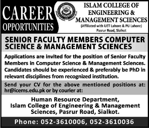 Management / Computer Science Faculty Jobs in Sialkot 2014 February at Islam College of Engineering & Management Sciences