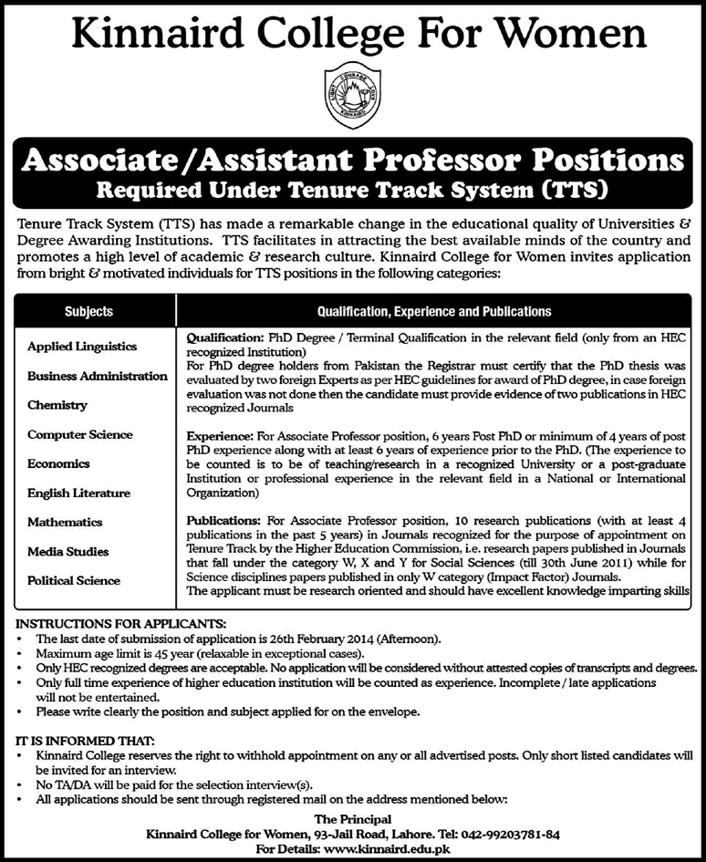 Kinnaird College for Women Lahore Jobs 2014 February for Assistant / Associate Professors