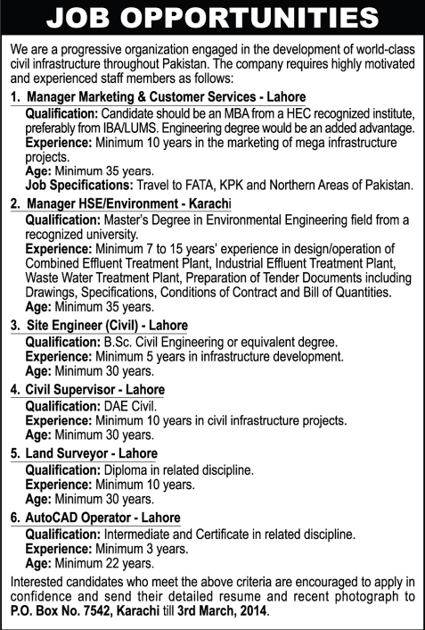 Construction Company PO Box 7542 Karachi Jobs 2014 February