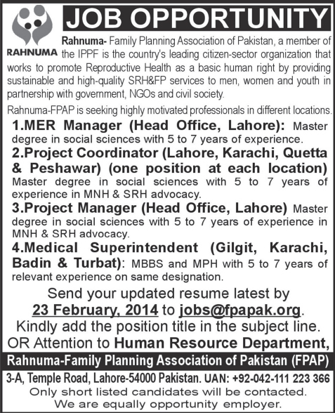 Rahnuma FPAP Jobs 2014 February Family Planning Association of Pakistan