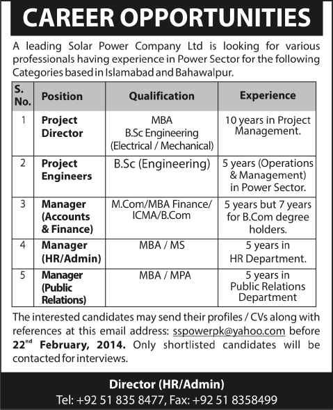 Solar Power Company Jobs in Islamabad / Bahawalpur 2014 February