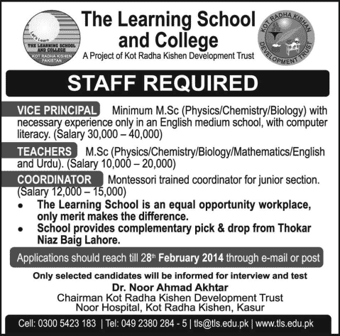 Administrative & Teaching Jobs in Kasur 2014 February at the Learning School & College