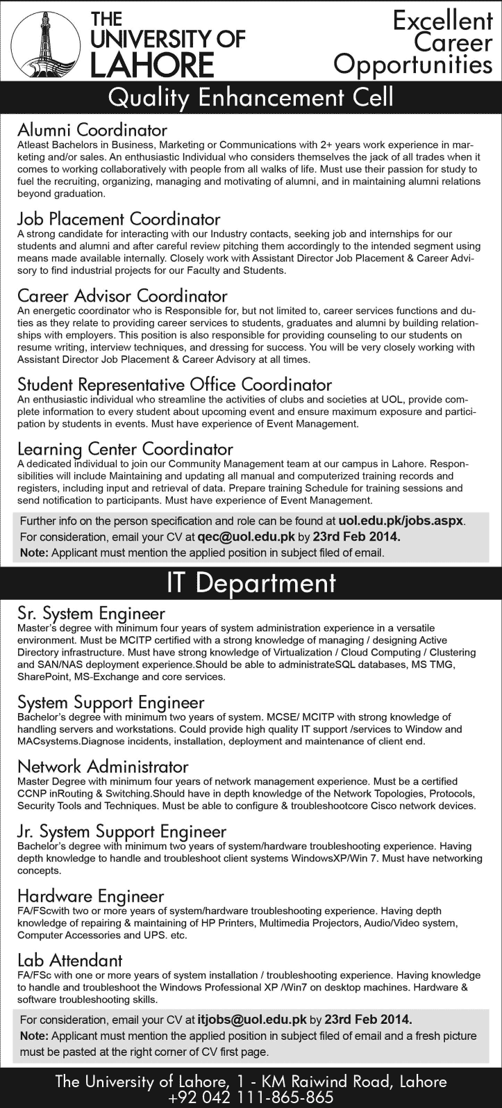 University of Lahore Jobs 2014 February for Quality Enhancement Cell & IT Department