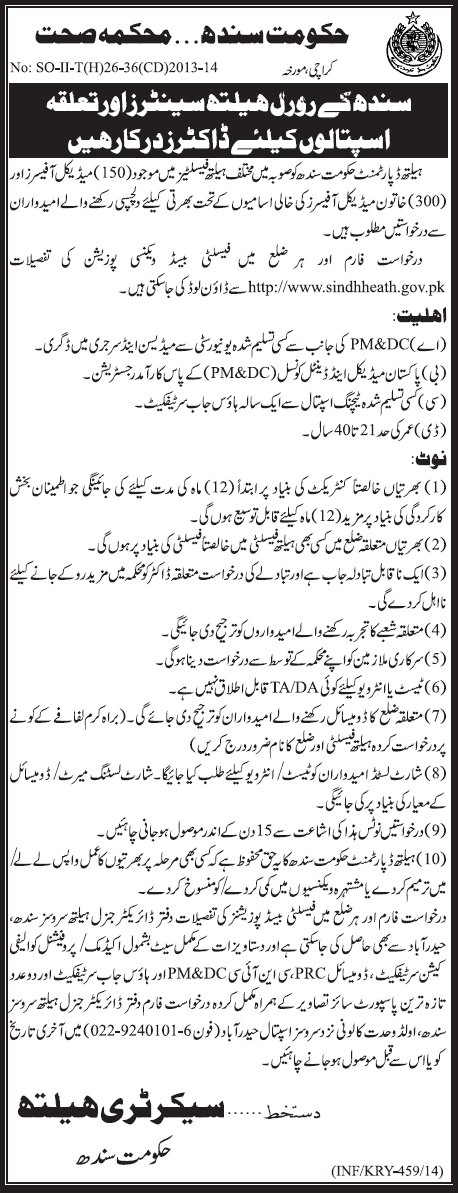 Health Department Sindh Jobs for Doctors 2014 February