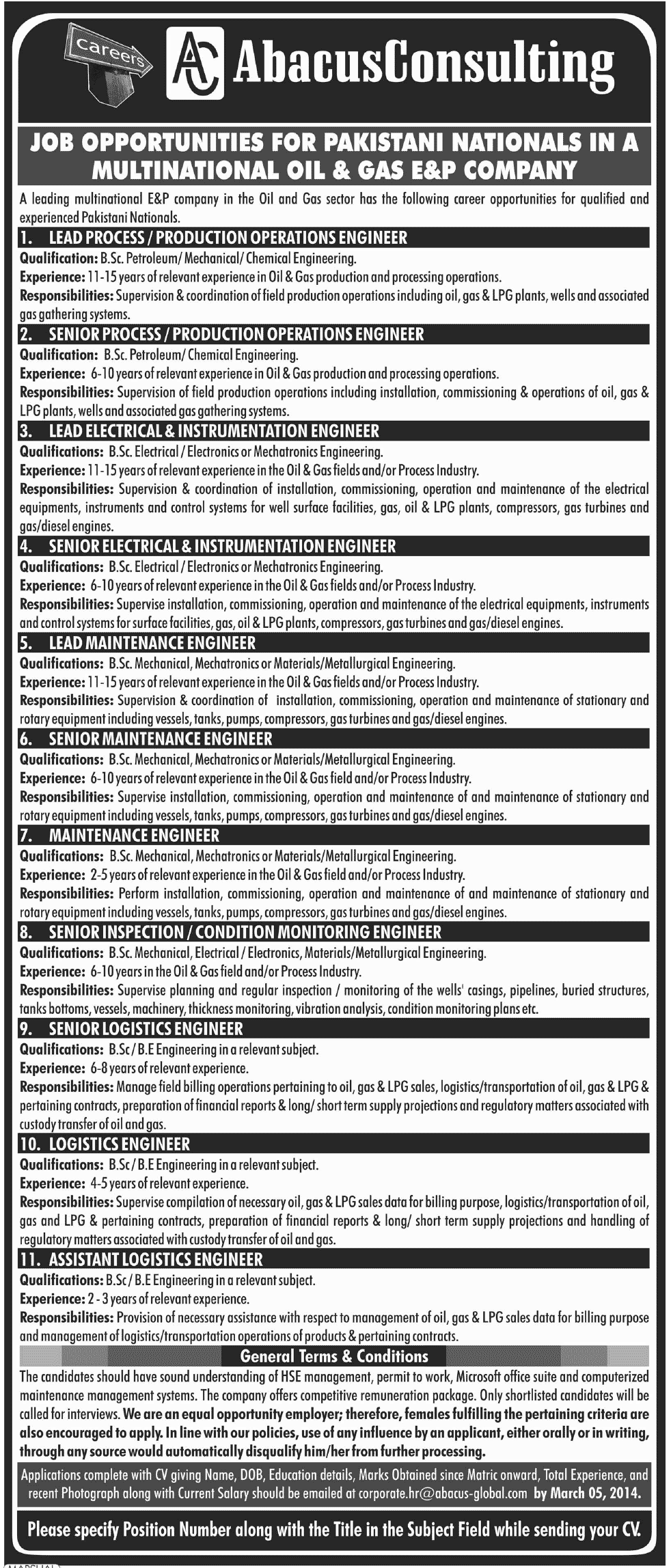 Multinational Oil and Gas E&P Company Jobs 2014 February through Abacus Consulting