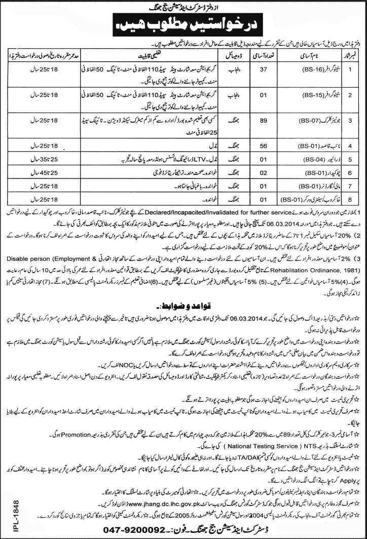 District Courts Jhang Jobs 2014-February-23 Latest