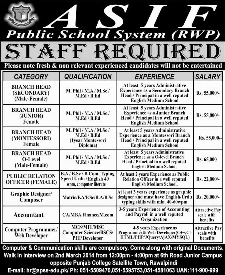 Asif Public School System Rawalpindi Jobs 2014 February for Branch Heads & Other Staff