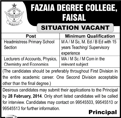 Fazaia Degree College Faisal Karachi Jobs 2014 February for Lecturers & Headmistress