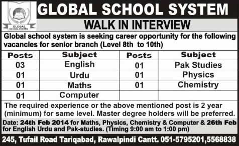 Latest Teaching Jobs in Rawalpindi 2014 February at Global School System