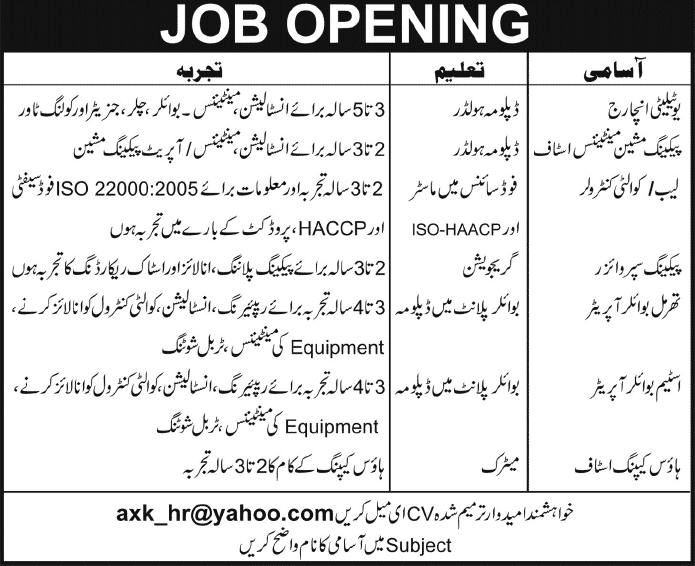 Boiler Operator, Quality Controller, Mechanical & Housekeeping Staff Jobs in Karachi 2014 February