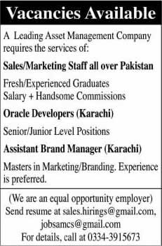 Oracle Developer, Sales & Marketing Staff Jobs in Karachi Pakistan 2014 February for Asset Management Company