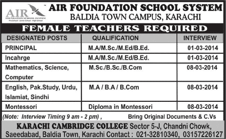 Female Teaching Jobs at Air Foundation School System Karachi 2014 February at Baldia Town Campus