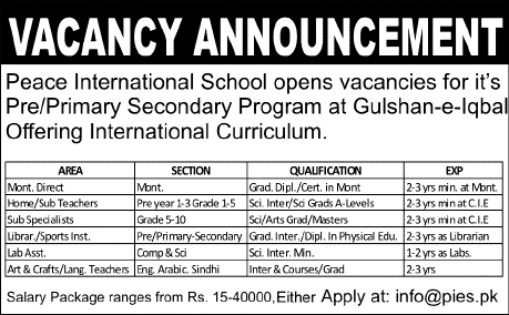 Peace International School Karachi Jobs 2014 February for Teaching & Non-Teaching Staff