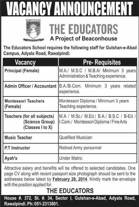 The Educators Rawalpindi Jobs 2014 February Teachers & Administrative Staff