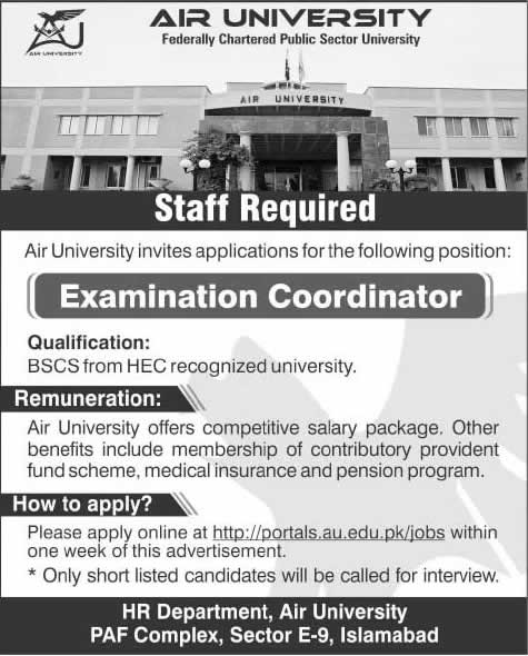 Examination Coordinator Jobs at Air University Islamabad 2014 February