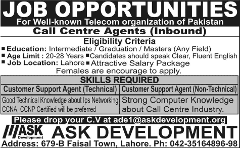 Ask Development Lahore Jobs 2014 February for Call Center Agents (Inbound)