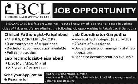 Biocare Labs (Pvt.) Ltd Jobs 2014 February for Clinical Pathologist, Lab Technologist & Coordinator