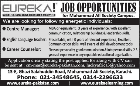 Eureka Jobs 2014 February for Centre Manager, English Language Teacher & Career Counselor