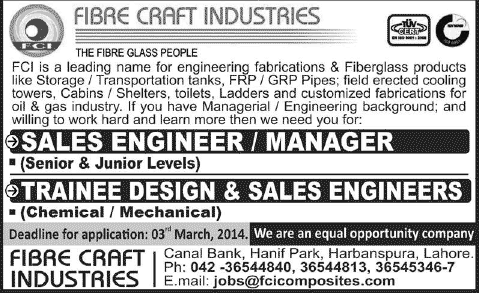 Fibre Craft Industries Lahore Jobs 2014 February for Sales Engineer / Manager, Trainee Design & Sales Engineers