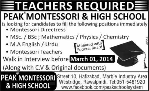 Latest Teaching Jobs in Rawalpindi 2014 February at Peak Montessori & High School
