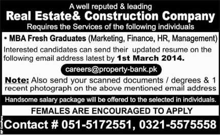 MBA Fresh Graduates Jobs in Rawalpindi 2014 February at Property Bank