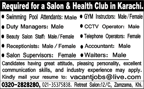 Retreat Salon Karachi Jobs 2014 February Latest