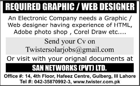 Graphic / Web Designer Jobs in Lahore 2014 February at San Networks (Pvt.) Ltd