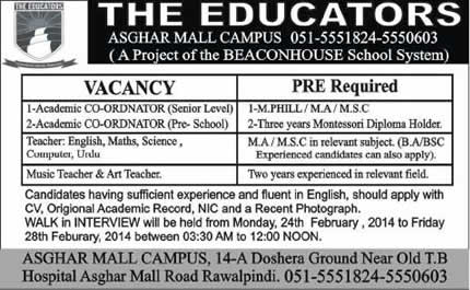 Academic Coordinators & Teaching Jobs in Rawalpindi 2014 February at The Educators Asghar Mall Campus