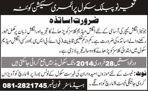 Junior English Teacher Jobs at Tameer-e-Nau Public School Quetta 2014 February