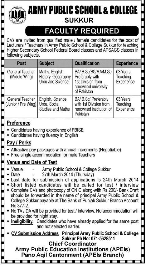 Teachers Jobs at Army Public School & College Sukkur 2014 March Latest