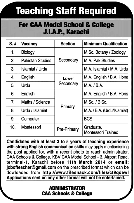 CAA Model School & College Karachi Jobs 2014 March for Teaching Staff