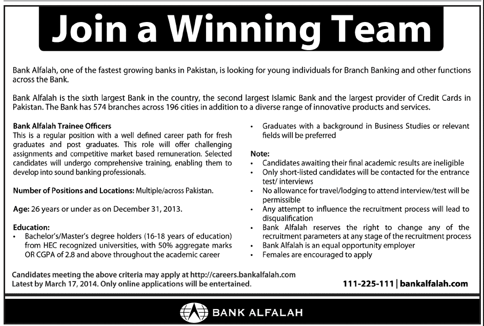 Bank Alfalah Jobs 2014-March-02 Latest for Trainee Officers