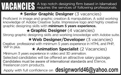 Animators, Graphics Designer & Web Designer / Developer Jobs in Islamabad 2014 March for a Designing Firm