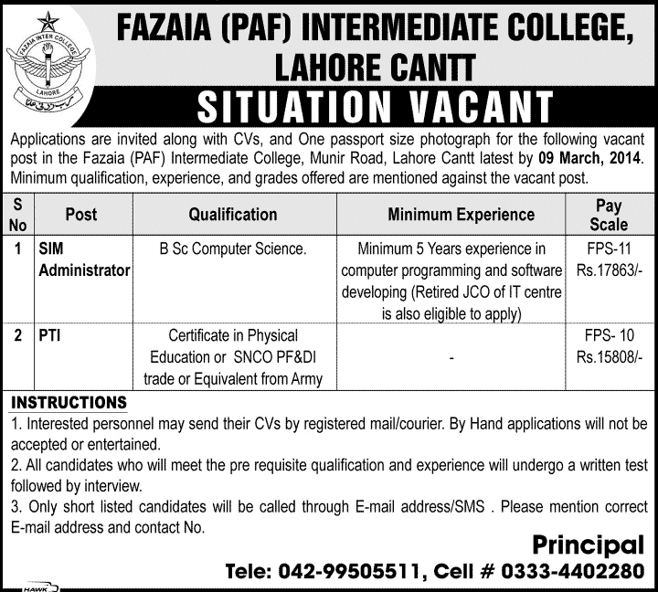 Jobs at Fazaia (PAF) Intermediate College Lahore Cantt 2014 March for SIM Administrator & PTI