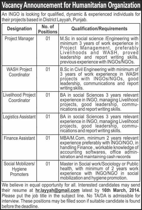 International NGO Jobs in Pakistan 2014 March Latest