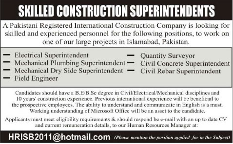 Civil / Electrical / Mechanical Engineering Jobs in Islamabad 2014 March for an International Construction Company
