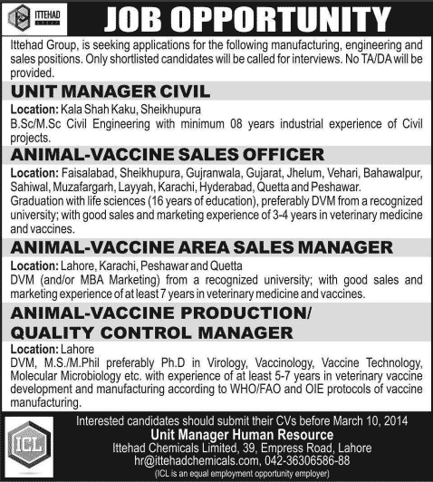 Ittehad Chemical Limited Jobs 2014 March for Civil Engineers, Sales Officer / Managers & Veterinary Doctor