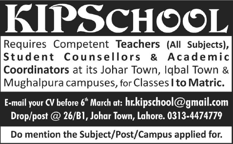 Kips School Lahore Jobs 2014 March for Teachers, Student Counselors & Academic Coordinators