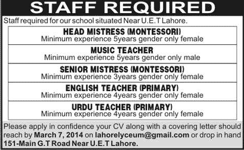 Headmistress & Teachers Jobs in Lahore 2014 March for School